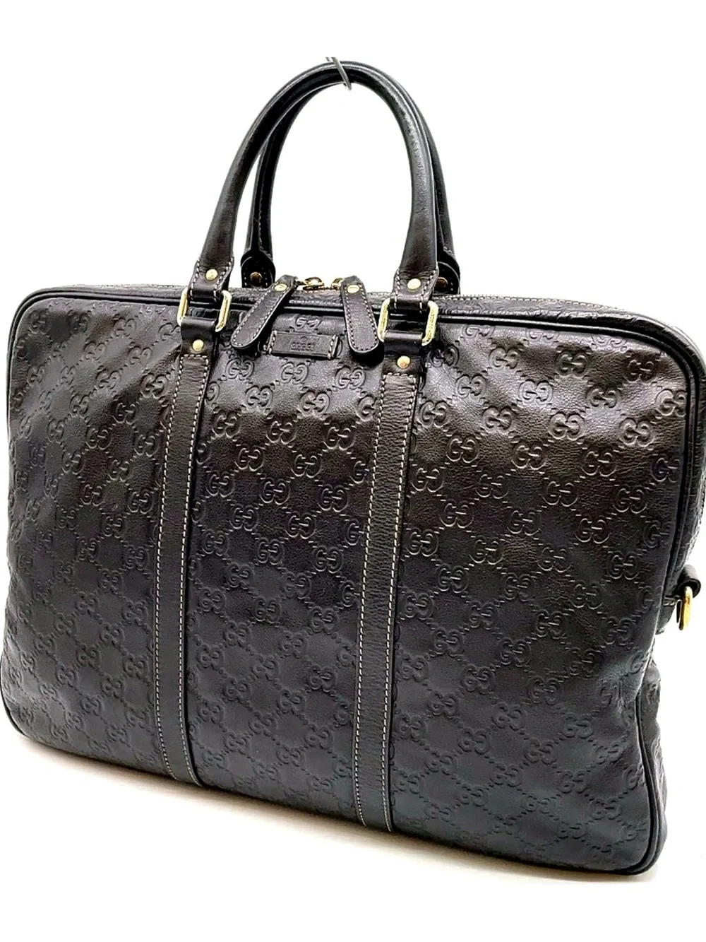 GUCCI Embossed GUCCISIMA Leather Briefcase - Dark Brown PROFESSIONAL